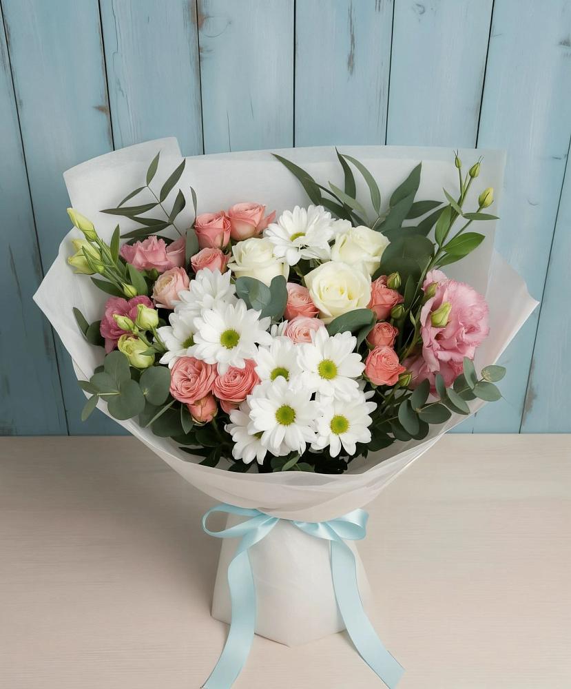 Букет цветов из: Розы, Лизиантусы и Хризантемы в Зимогорье