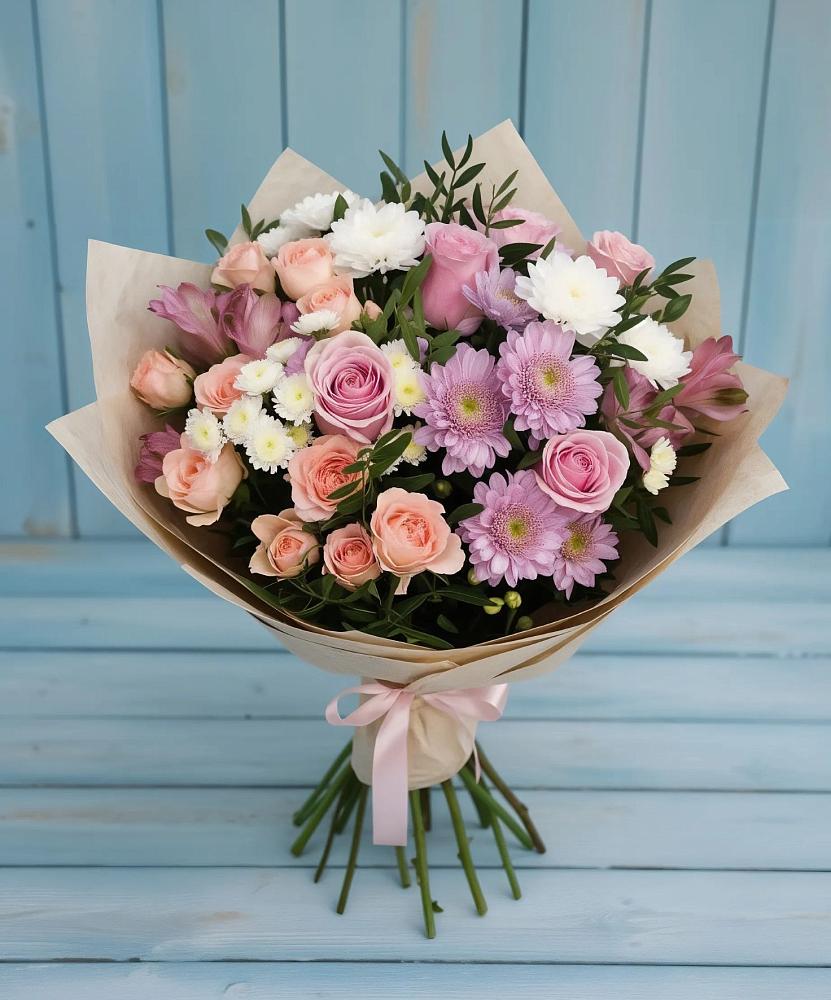 Букет цветов из: Хризантемы, Розы и Альстромерии в Зимогорье