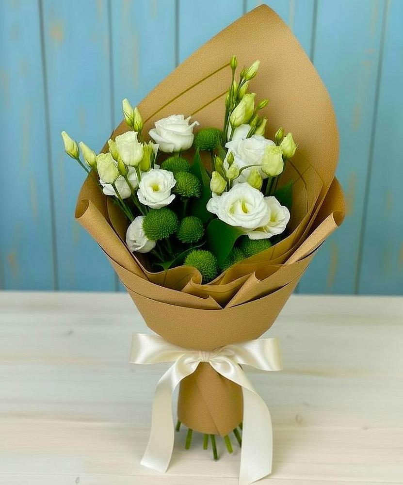 Букет цветов из: Хризантемы и Лизиантусы в Зимогорье