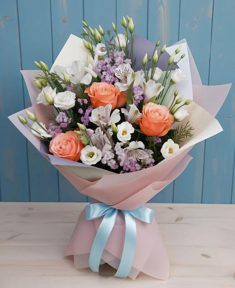 Букет цветов из: Лизиантусы, Розы, Альстромерии и Гипсофила в Зимогорье