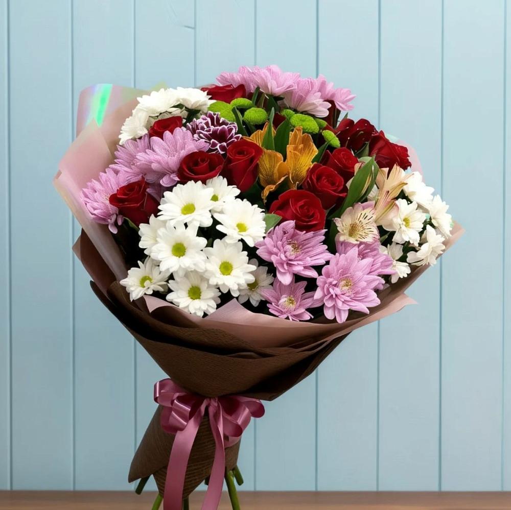 Букет цветов из: Розы, Хризантемы и Альстромерии в Зимогорье