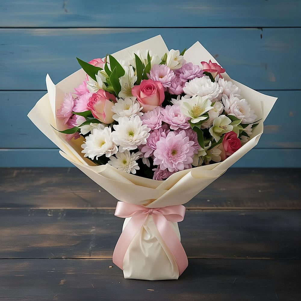 Букет цветов из: Хризантемы, Альстромерии и Розы в Зимогорье